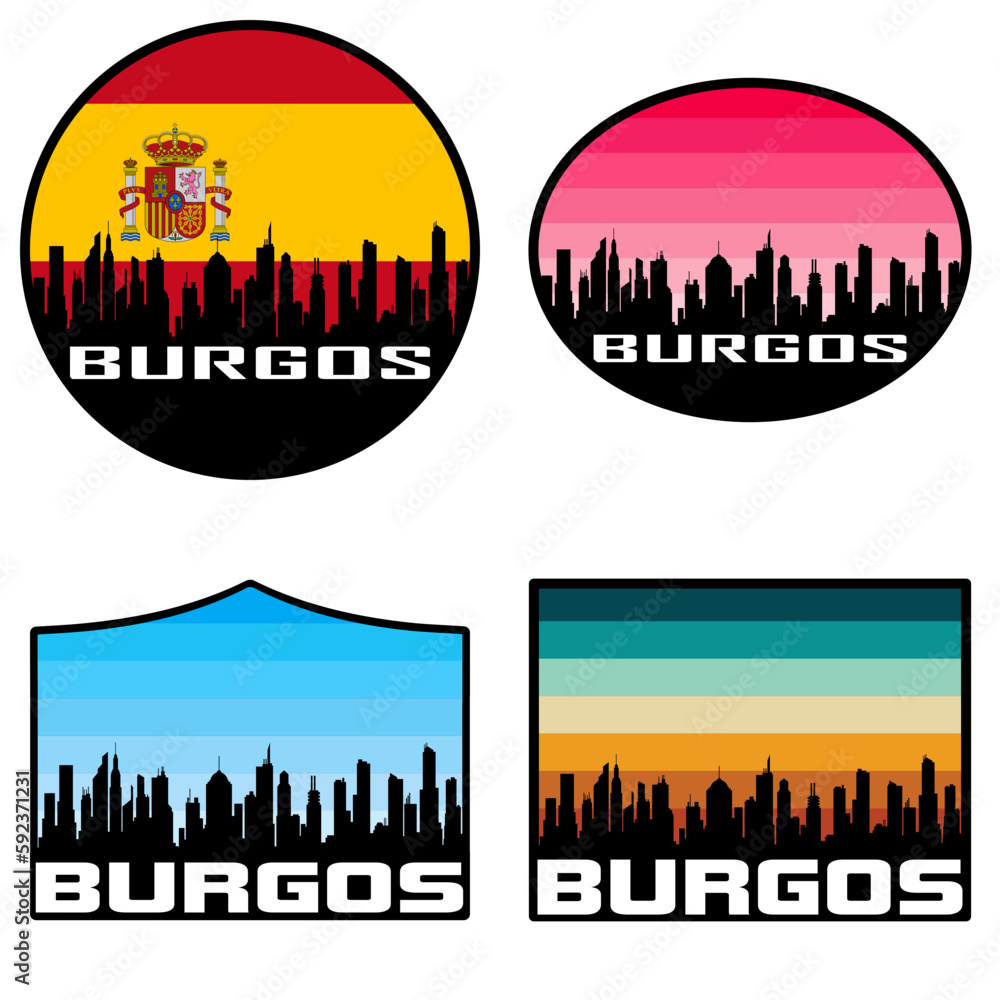 Burgos Skyline Silhouette Spain Flag Travel Souvenir Sticker Sunset Background Vector Illustration SVG EPS AI