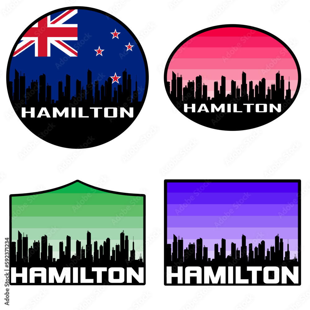 Hamilton Skyline Silhouette New Zealand Flag Travel Souvenir Sticker Sunset Background Vector Illustration SVG EPS AI