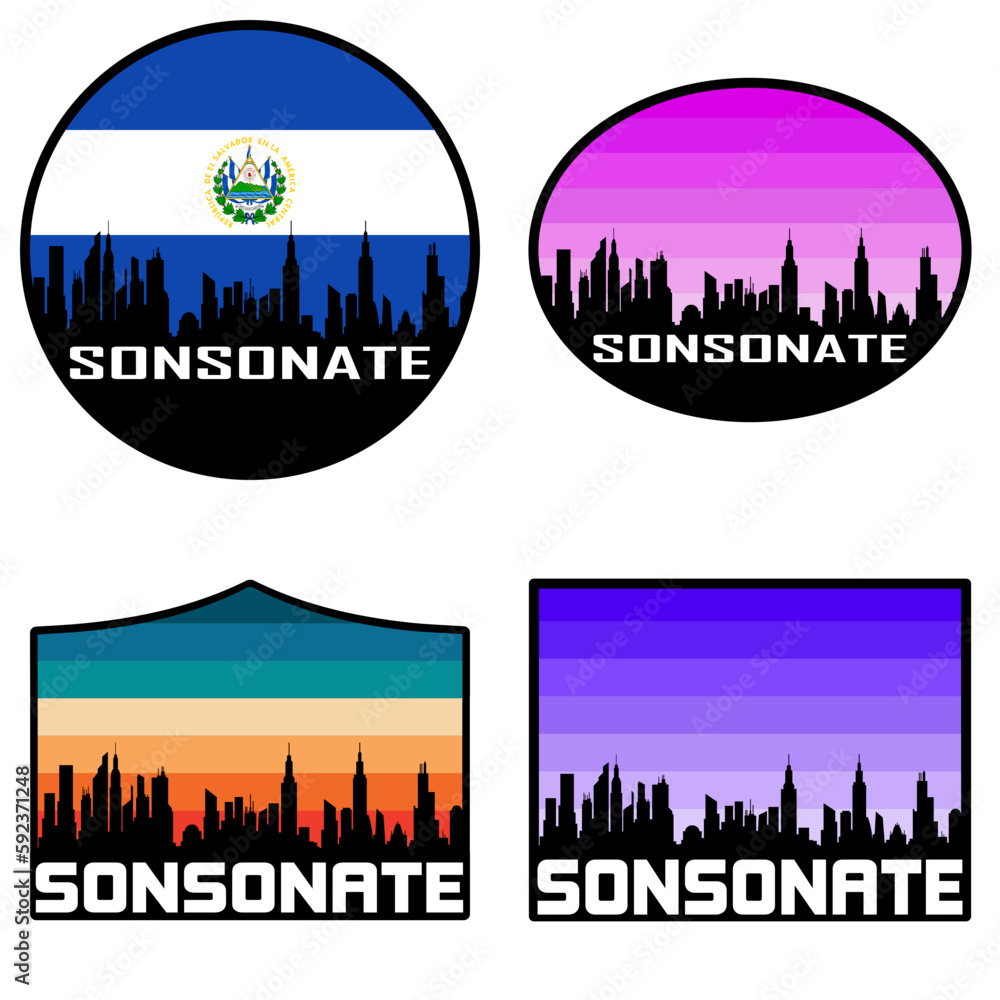 Sonsonate Skyline Silhouette El Salvador Flag Travel Souvenir Sticker Sunset Background Vector Illustration SVG EPS AI