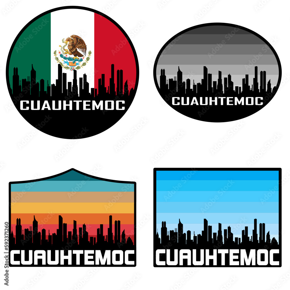 Cuauhtemoc Skyline Silhouette Mexico Flag Travel Souvenir Sticker Sunset Background Vector Illustration SVG EPS AI