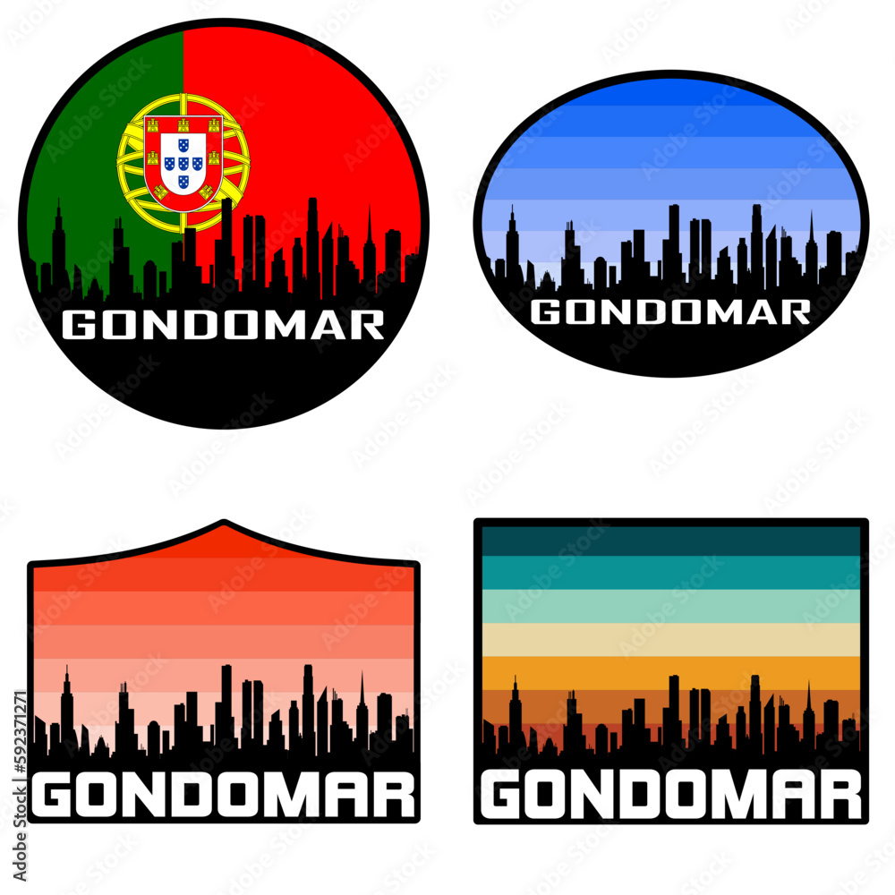 Gondomar Skyline Silhouette Portugal Flag Travel Souvenir Sticker Sunset Background Vector Illustration SVG EPS AI