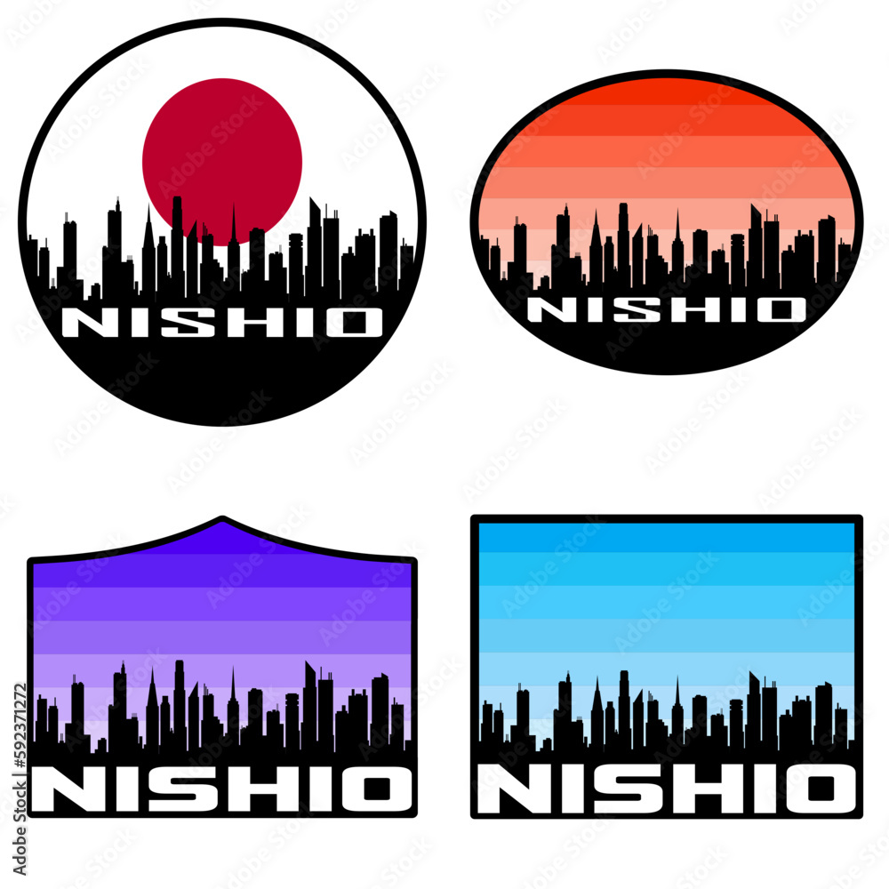 Nishio Skyline Silhouette Japan Flag Travel Souvenir Sticker Sunset Background Vector Illustration SVG EPS AI