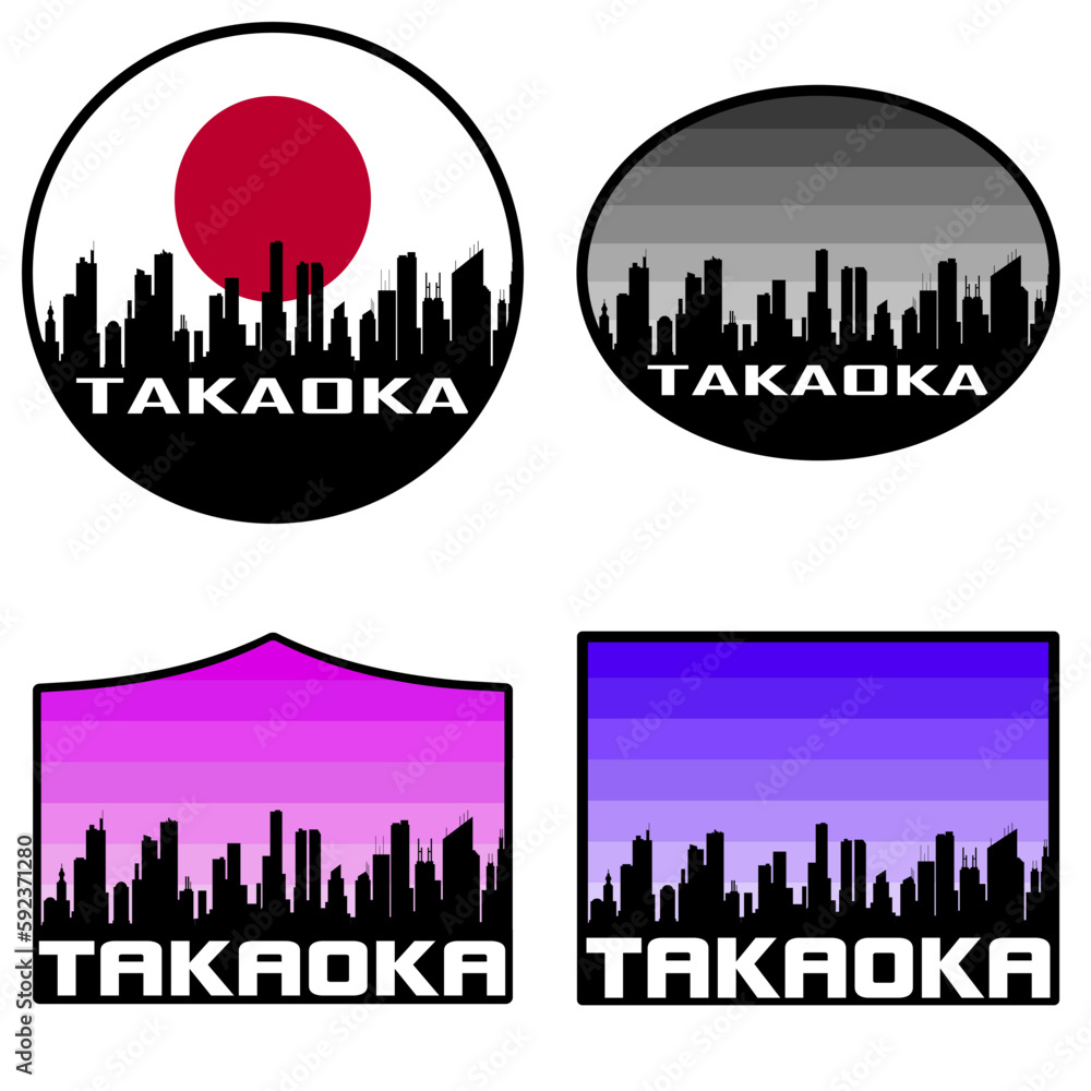 Takaoka Skyline Silhouette Japan Flag Travel Souvenir Sticker Sunset Background Vector Illustration SVG EPS AI