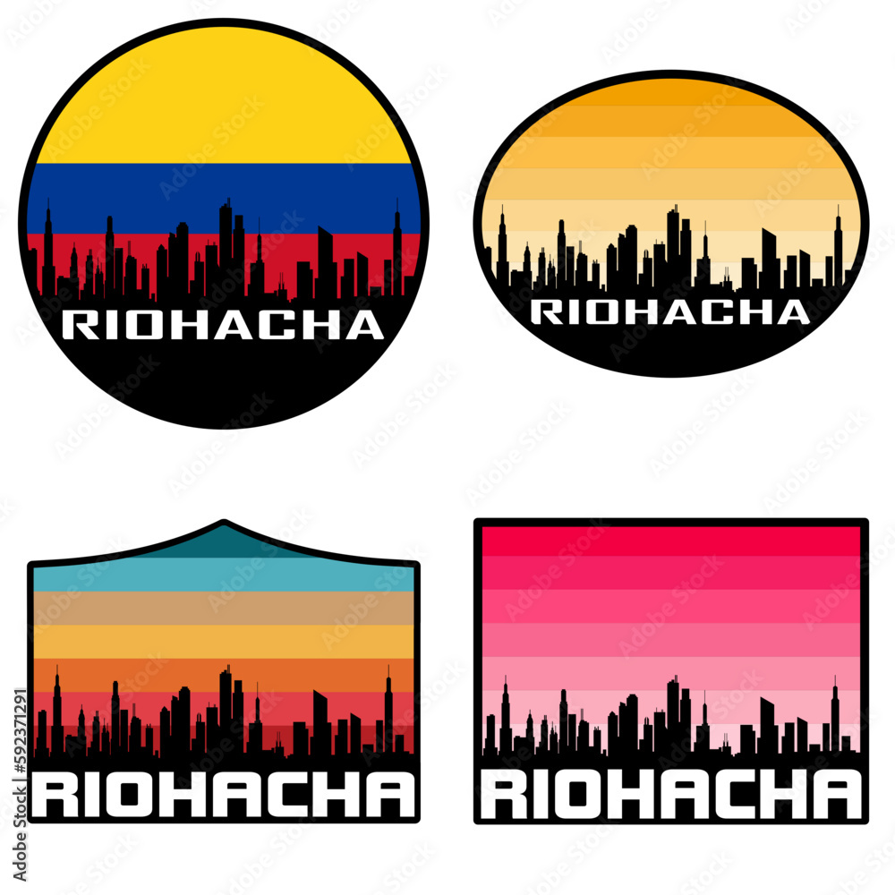 Riohacha Skyline Silhouette Colombia Flag Travel Souvenir Sticker Sunset Background Vector Illustration SVG EPS AI