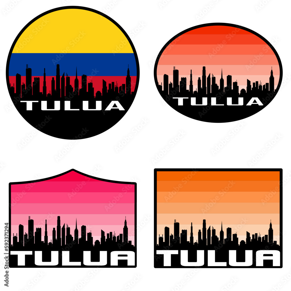 Tulua Skyline Silhouette Colombia Flag Travel Souvenir Sticker Sunset Background Vector Illustration SVG EPS AI