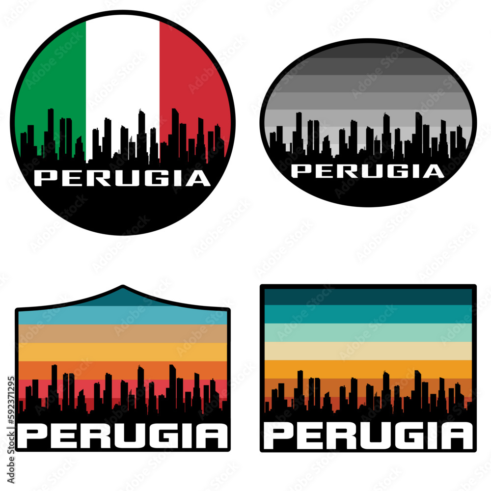 Perugia Skyline Silhouette Italy Flag Travel Souvenir Sticker Sunset Background Vector Illustration SVG EPS AI
