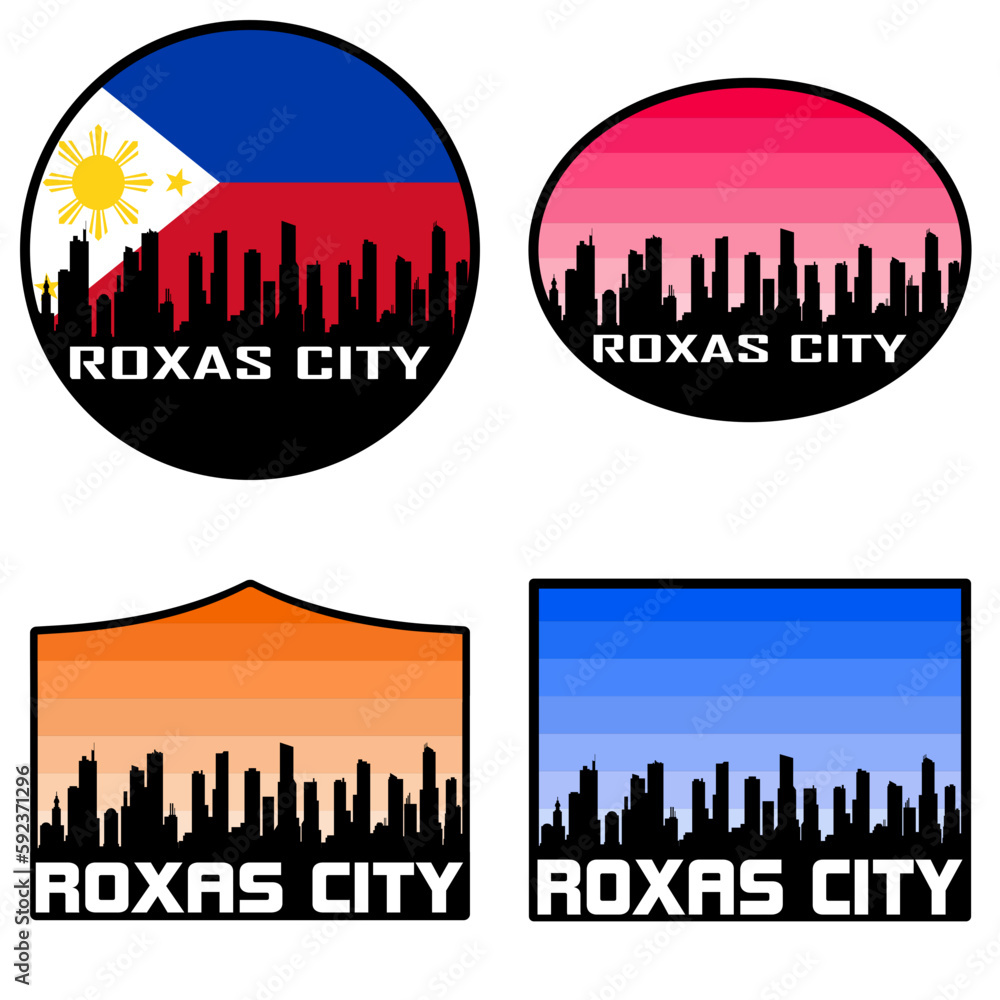 Roxas City Skyline Silhouette Philippines Flag Travel Souvenir Sticker Sunset Background Vector Illustration SVG EPS AI