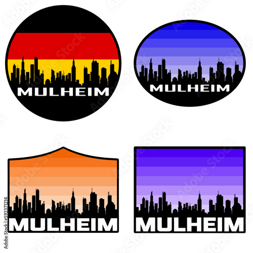 Mulheim Skyline Silhouette Germany Flag Travel Souvenir Sticker Sunset Background Vector Illustration SVG EPS AI
