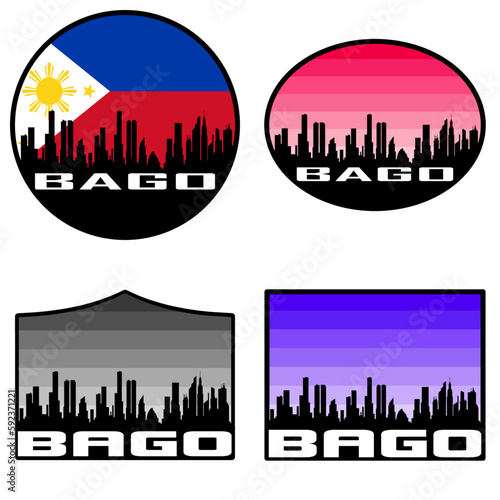 Bago Skyline Silhouette Philippines Flag Travel Souvenir Sticker Sunset Background Vector Illustration SVG EPS AI