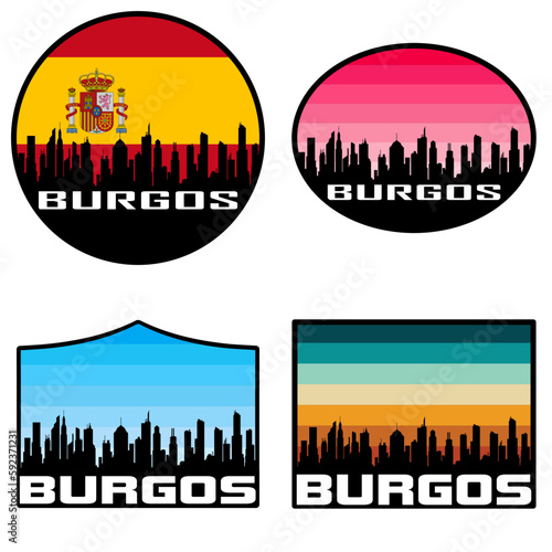 Burgos Skyline Silhouette Spain Flag Travel Souvenir Sticker Sunset Background Vector Illustration SVG EPS AI