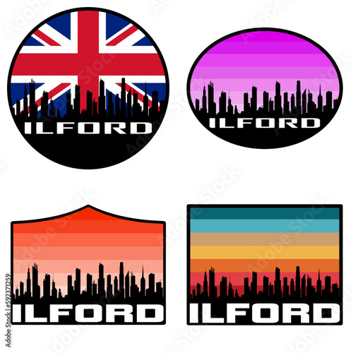 Ilford Skyline Silhouette Uk Flag Travel Souvenir Sticker Sunset Background Vector Illustration SVG EPS AI