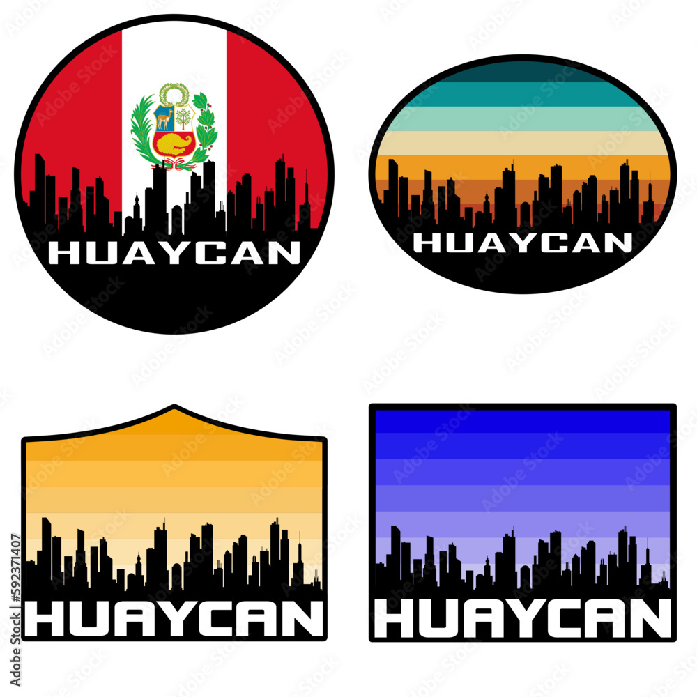 Huaycan Skyline Silhouette Peru Flag Travel Souvenir Sticker Sunset Background Vector Illustration SVG EPS AI