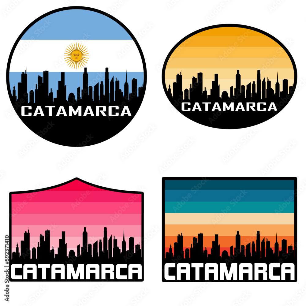 Catamarca Skyline Silhouette Argentina Flag Travel Souvenir Sticker Sunset Background Vector Illustration SVG EPS AI