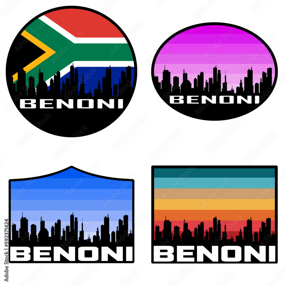 Benoni Skyline Silhouette South Africa Flag Travel Souvenir Sticker Sunset Background Vector Illustration SVG EPS AI