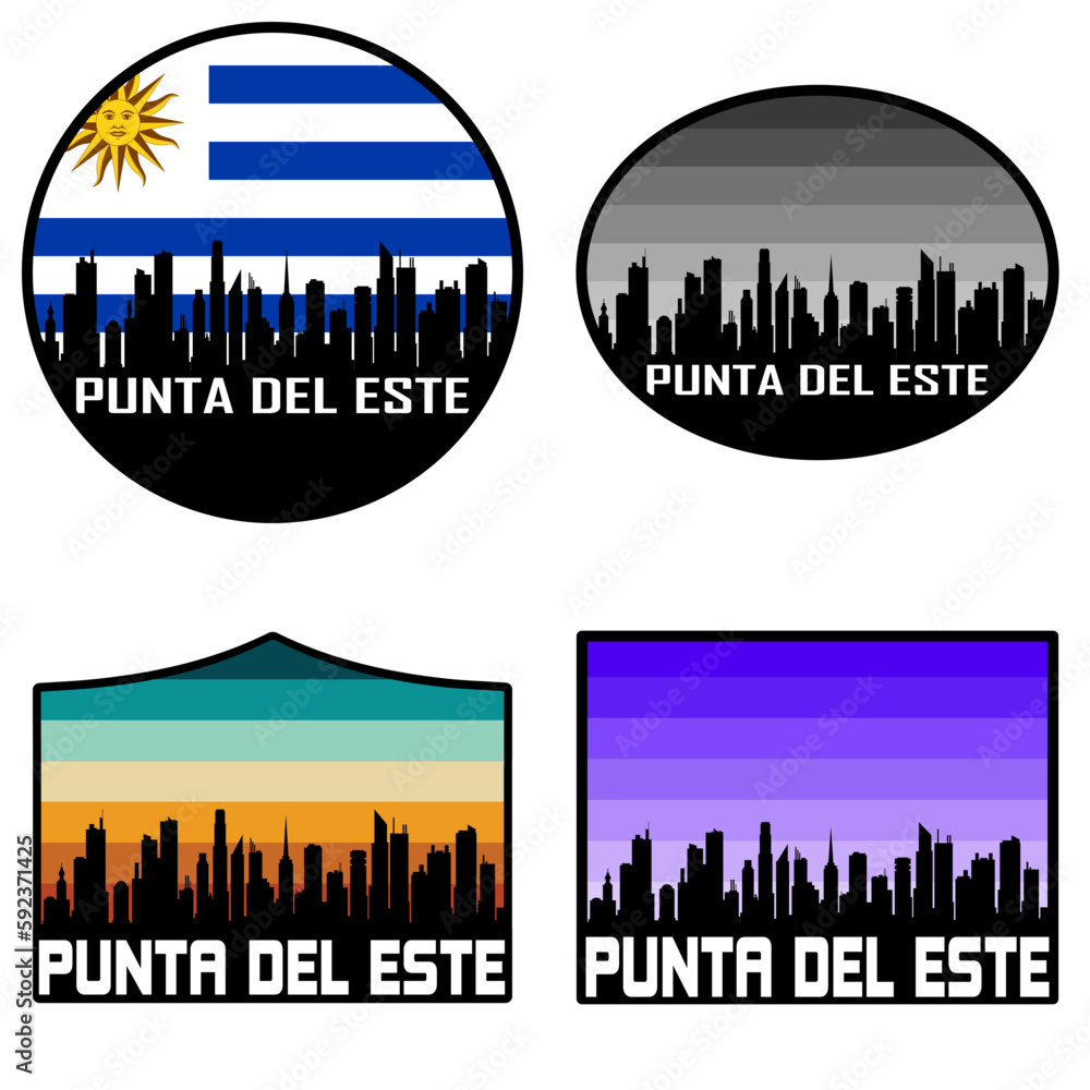 Obraz premium Punta del Este Skyline Silhouette Uruguay Flag Travel Souvenir Sticker Sunset Background Vector Illustration SVG EPS AI