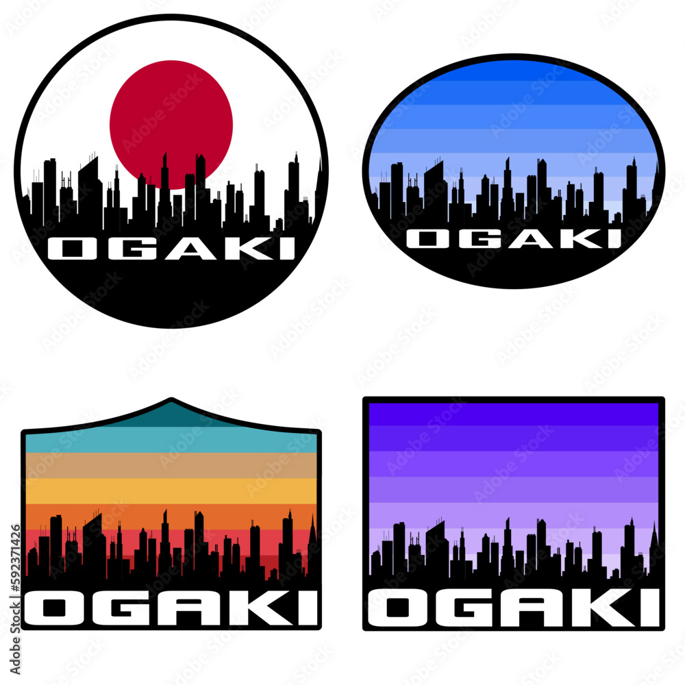 Ogaki Skyline Silhouette Japan Flag Travel Souvenir Sticker Sunset Background Vector Illustration SVG EPS AI