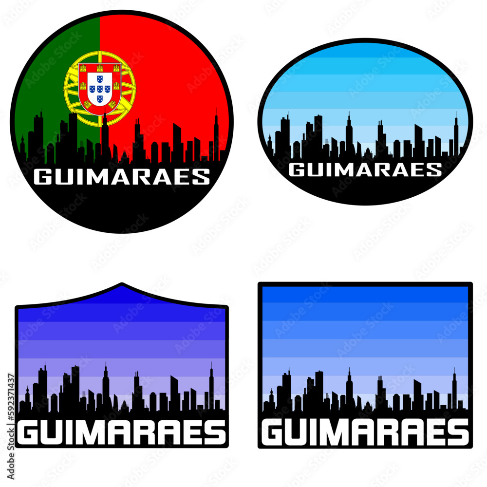 Guimaraes Skyline Silhouette Portugal Flag Travel Souvenir Sticker Sunset Background Vector Illustration SVG EPS AI