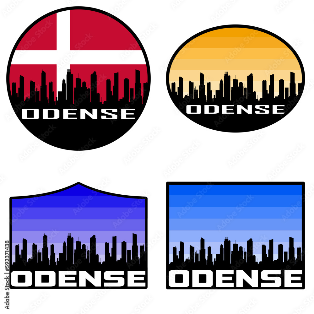 Odense Skyline Silhouette Denmark Flag Travel Souvenir Sticker Sunset Background Vector Illustration SVG EPS AI