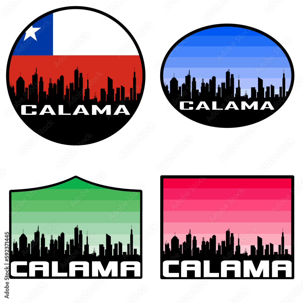 Calama Skyline Silhouette Chile Flag Travel Souvenir Sticker Sunset Background Vector Illustration SVG EPS AI