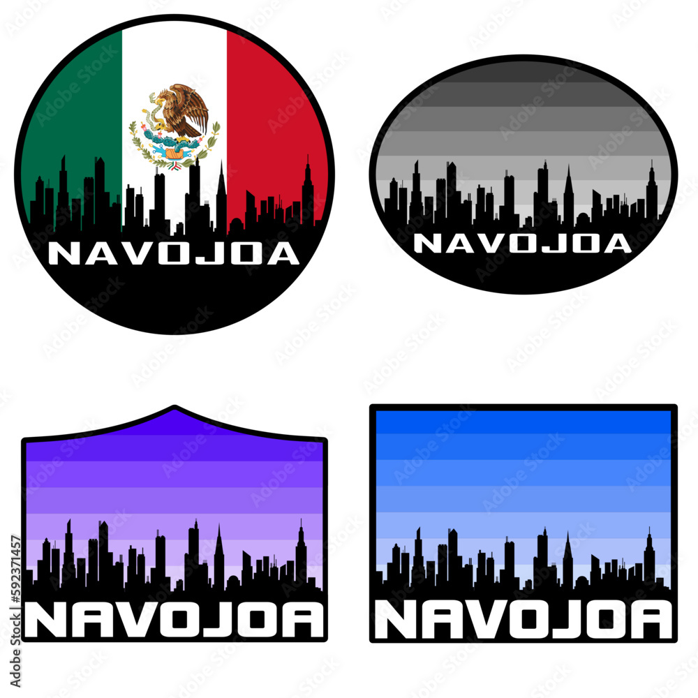 Navojoa Skyline Silhouette Mexico Flag Travel Souvenir Sticker Sunset Background Vector Illustration SVG EPS AI