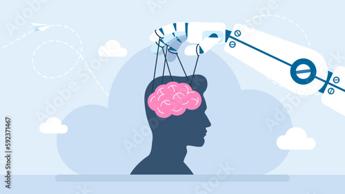 Robotic hand manipulating the human brain. Robot puppet master controlling silhouette of businessman head. Robot controlling puppet man. Human vs Machine. Artificial Intelligence. Vector illustration