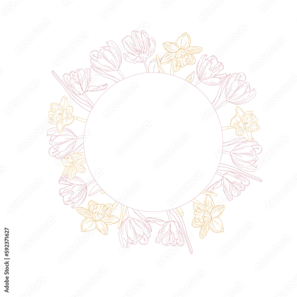 Spring flower circle frame. Line art tulips and narcissus flower wreath for design of card or invitations