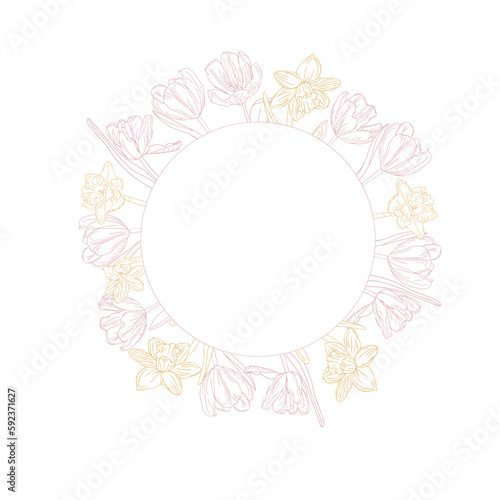 Spring flower circle frame. Line art tulips and narcissus flower wreath for design of card or invitations