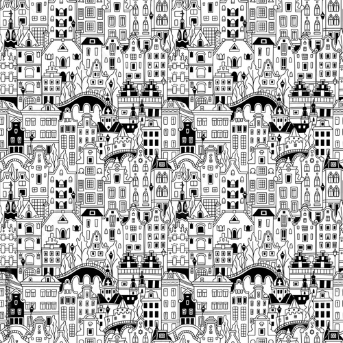 Black and white Seamless pattern with Amsterdam canal and typical dutch houses, Holland, Netherlands.
