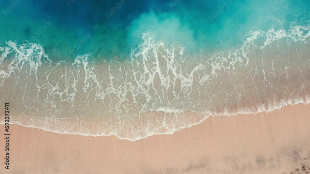 Aerial top view of beautiful seamless never ending footage while turquoise blue sea waves breaking on sandy coastline. Aerial shot of golden beach with small stones meeting ocean water and foam.