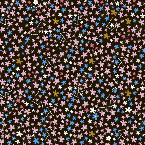 Seamless floral hight detailed pattern with tiny flowers, stars, constellations. Mustard texture perfect for fabric, apparel ,digital papers. Vector illustration