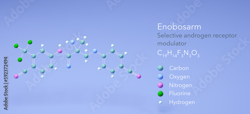 enobosarm molecule, molecular structures, ostarine, 3d model, Structural Chemical Formula and Atoms with Color Coding photo
