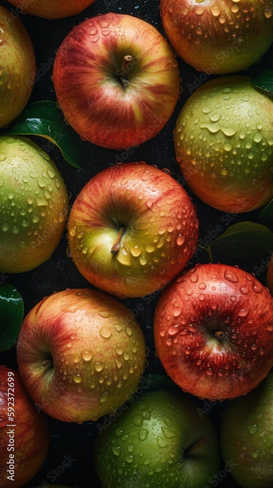 Fresh fruits with droplets of water, background illustration made with Generative AI Fresh fruits with droplets of water, background illustration made with Generative AI