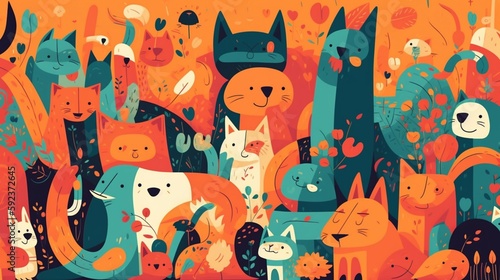 A fun illustration with bright  cheerful colours  flowing  rounded shapes and bold outlines of cartoon animals such as cats  dogs and rabbits. Generative AI.