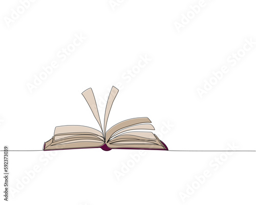 Open book Y shaped one line colored art. Continuous line color drawing of book, library, education, school, study, literature, paper, textbook, knowledge, read, learn, page, reading.