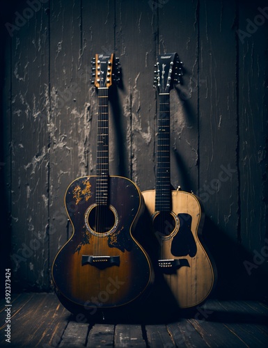 Canvas-taulu Photo of two acoustic guitars resting on a hardwood floor