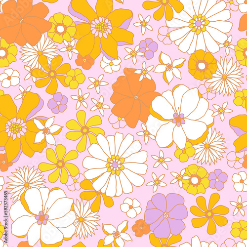 Groovy floral seamless pattern in retro style. Hand drawn blossom yellow vintage texture. Great for fabric, textile, wallpaper. illustration