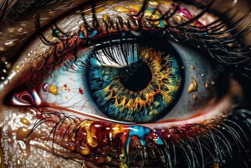 Abstract and creative eye art with bright colors and fantasy design. Close-up of woman s eye with macro details of eyelashes and eyelids. Perfect for beauty and fashion photography. AI Generative.
