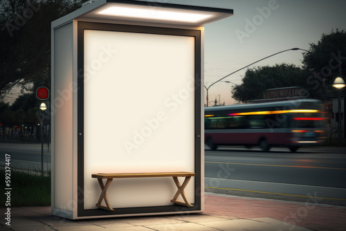 Promotional poster box. Blank white mockup of a vertical lightbox in a bus stop at night. Generative AI