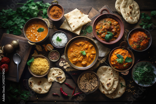 Assorted various Indian food on a dark rustic background. Traditional Indian dishes Chicken tikka masala, palak paneer, saffron rice, lentil soup, pita bread and spices. Square photo, generative AI