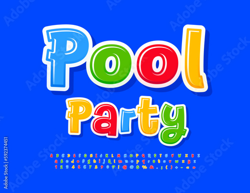 Vector colorful Emblem Pool Party. Funny bright Font. Creative glossy Alphabet Letters and Numbers