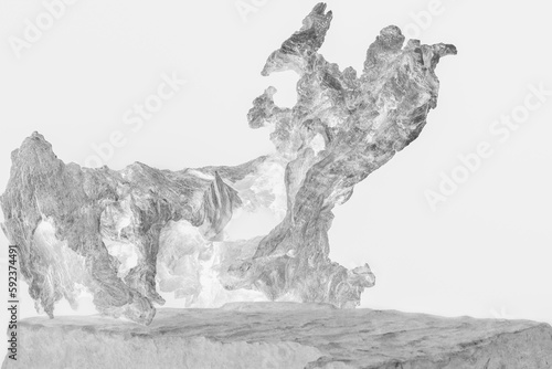 A Light Rock Shelf and Tree Root for a Product Display, Showing an Artistic Depiction of a Dog Shape with Close Detail to the Wood.