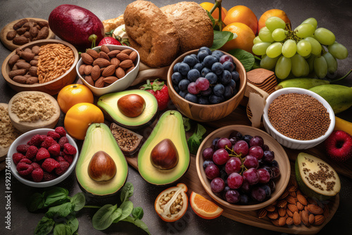 Foods rich in fiber include fruit, vegetables, whole wheat bread, pasta, nuts, legumes, grains, and cereals for a balanced diet. high in vitamins, omega 3 fatty acids, anthocyanins, generative AI © Kien