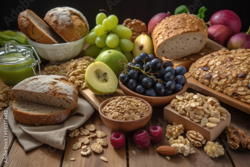 Foods rich in fiber include fruit, vegetables, whole wheat bread, pasta, nuts, legumes, grains, and cereals for a balanced diet. high in vitamins, omega 3 fatty acids, anthocyanins, generative AI