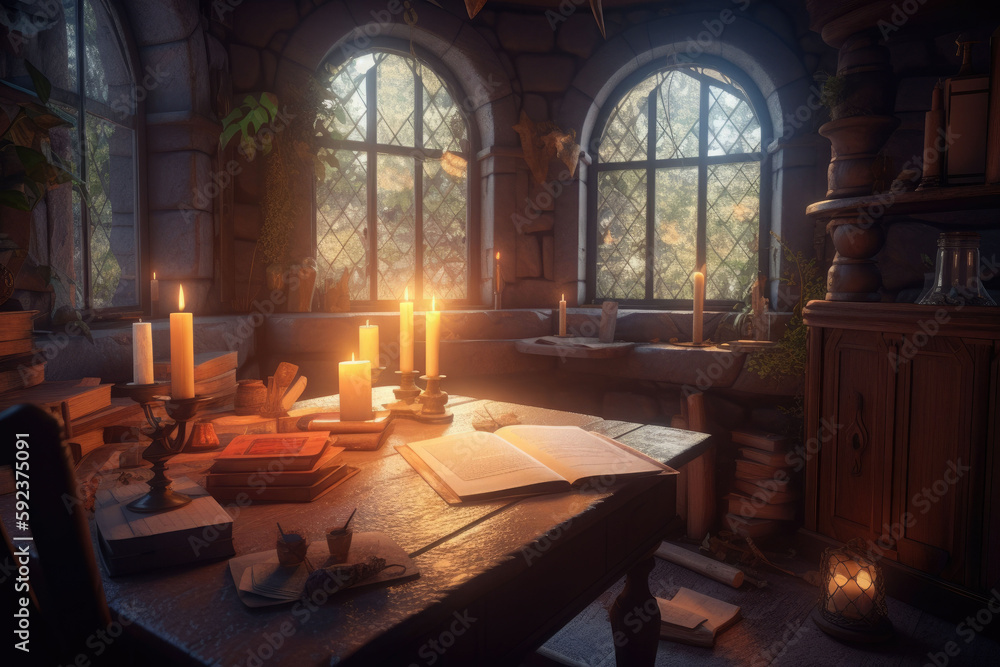 The interior of an old ancient room with books, candles and mysterious objects. Generative AI The interior of an old ancient room with books, candles and mysterious objects. Generative AI