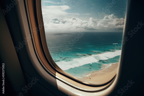 View of the beach and sea the airplane window. Travel and tourism concept. Generative AI © barmaleeva