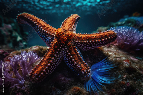 Sea star in a reef colorful underwater landscape background. Star fish in tropical seashore. Generative AI