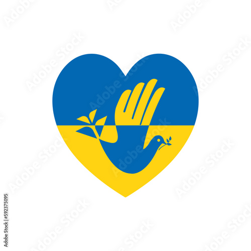Heart Shape Geometric Ukrainian Flag Background with Bird. Dove of Peace Hand Drawn Vector Abstract Illustration. Glory to Ukraine and Pray. Stop War. Freedom.