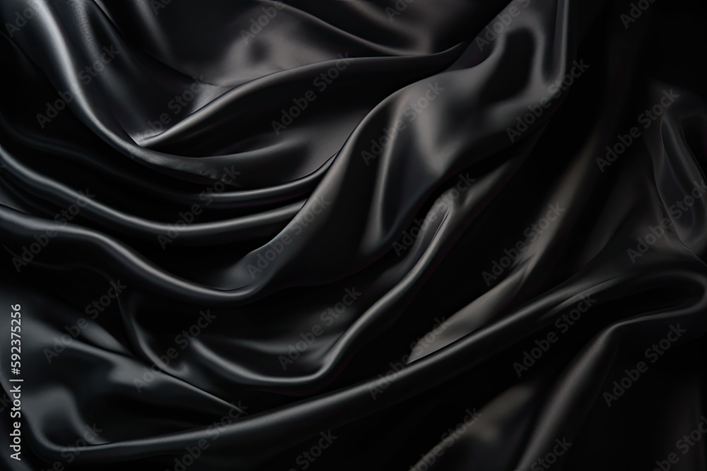 Fototapeta premium Abstract black smooth silk background. Satin elegant luxury fabric. Beautiful soft folds on the surface of the fabric. Generative AI