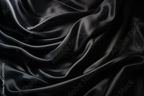 Abstract black smooth silk background. Satin elegant luxury fabric. Beautiful soft folds on the surface of the fabric. Generative AI