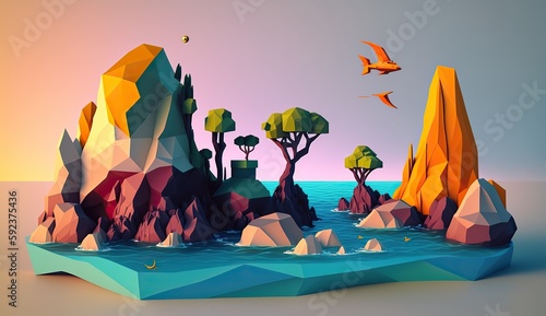 AI Generated. AI Generative. Low Poly cartoon kid style beach sand sea seaside island. Can be used for home decoration or adventure trip inspiration.  Graphic Art Illustration.